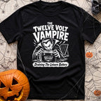 Twelve Volt Vampire - T-Shirt in Black - A black and white illustration of a classic vampire with bared fangs grabbing a...