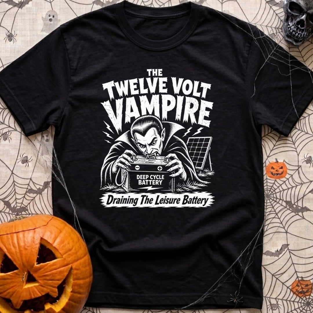 Twelve Volt Vampire - T-Shirt in Black - A black and white illustration of a classic vampire with bared fangs grabbing a...