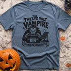 Twelve Volt Vampire - T-Shirt in Blue Jean - A black and white illustration of a classic vampire with bared fangs...