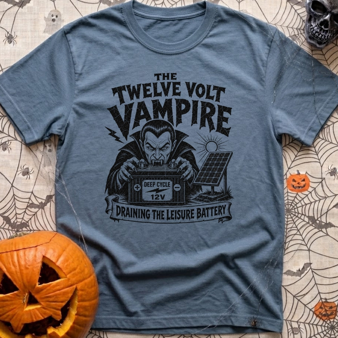 Twelve Volt Vampire - T-Shirt in Blue Jean - A black and white illustration of a classic vampire with bared fangs...