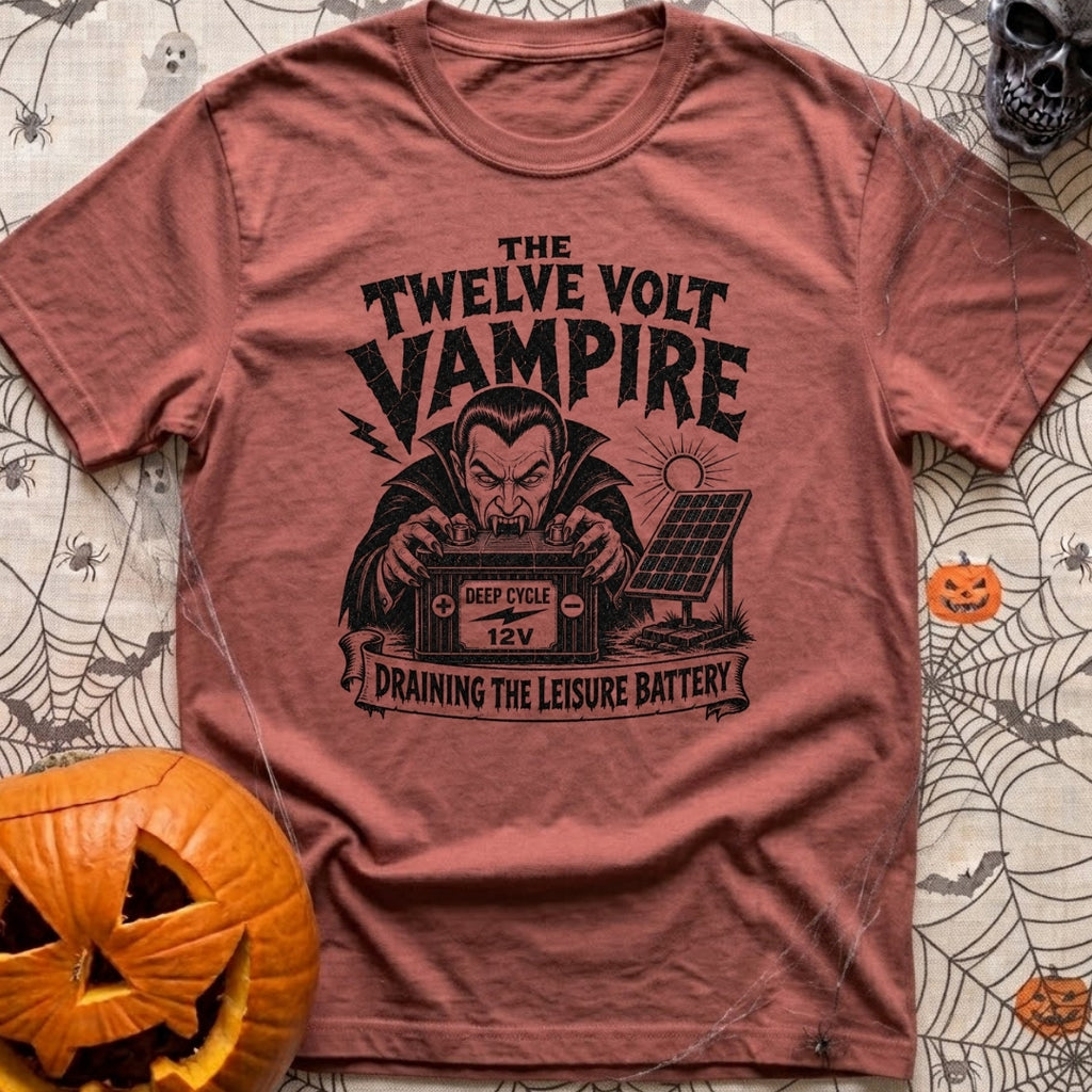 Twelve Volt Vampire - T-Shirt in Brick - A black and white illustration of a classic vampire with bared fangs grabbing a...