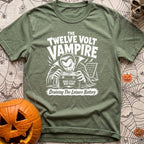Twelve Volt Vampire - T-Shirt in Moss - A black and white illustration of a classic vampire with bared fangs grabbing a...
