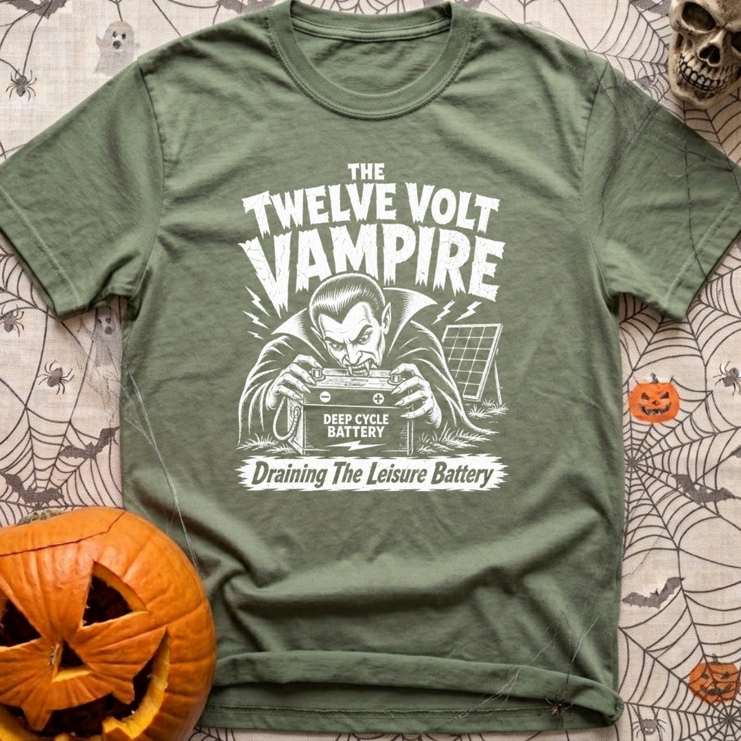Twelve Volt Vampire - T-Shirt in Moss - A black and white illustration of a classic vampire with bared fangs grabbing a...