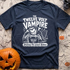 Twelve Volt Vampire - T-Shirt in Navy - A black and white illustration of a classic vampire with bared fangs grabbing a...