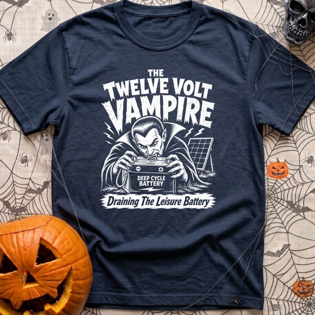 Twelve Volt Vampire - T-Shirt in Navy - A black and white illustration of a classic vampire with bared fangs grabbing a...