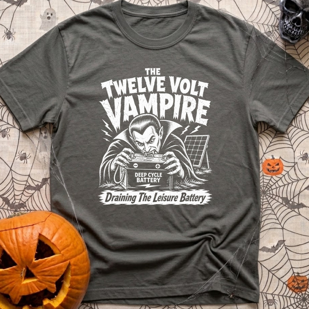 Twelve Volt Vampire - T-Shirt in Pepper - A black and white illustration of a classic vampire with bared fangs grabbing a...