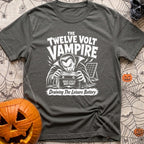 Twelve Volt Vampire - T-Shirt in Pepper - A black and white illustration of a classic vampire with bared fangs grabbing a...