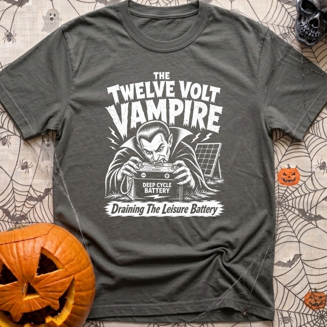 Twelve Volt Vampire - T-Shirt in Pepper - A black and white illustration of a classic vampire with bared fangs grabbing a...