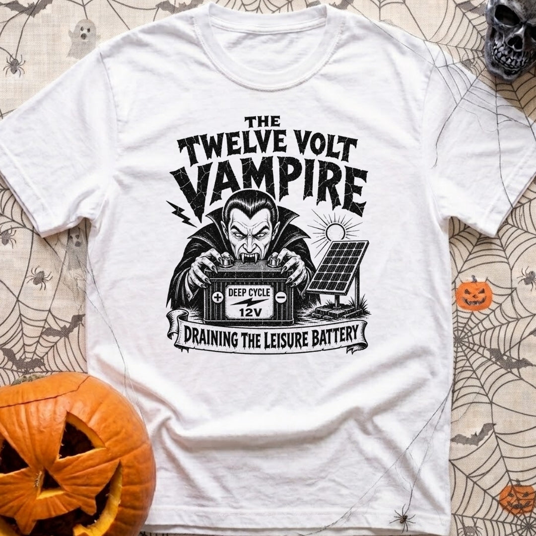 Twelve Volt Vampire - T-Shirt in White - A black and white illustration of a classic vampire with bared fangs grabbing a...