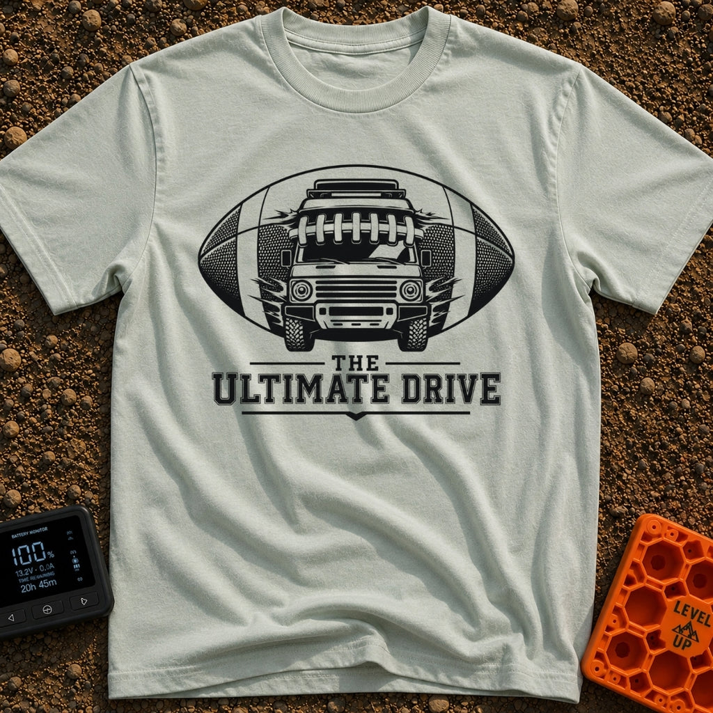 The Ultimate Drive - T-Shirt in Bay - A black and white illustration of a camper van breaking through the center of a...