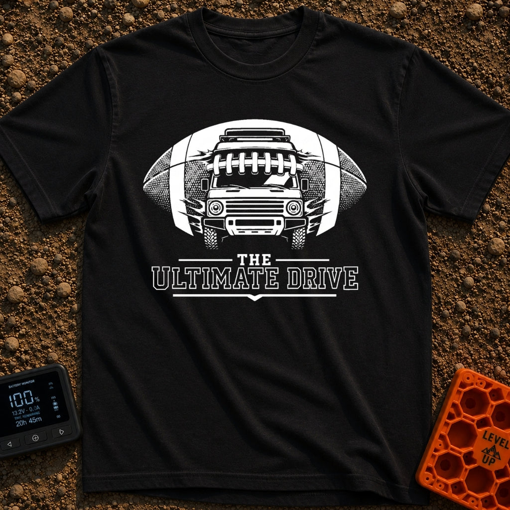 The Ultimate Drive - T-Shirt in Black - A black and white illustration of a camper van breaking through the center of a...