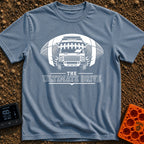 The Ultimate Drive - T-Shirt in Blue Jean - A black and white illustration of a camper van breaking through the center of...