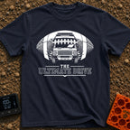 The Ultimate Drive - T-Shirt in Navy - A black and white illustration of a camper van breaking through the center of a...