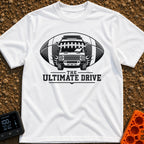 The Ultimate Drive - T-Shirt in White - A black and white illustration of a camper van breaking through the center of a...