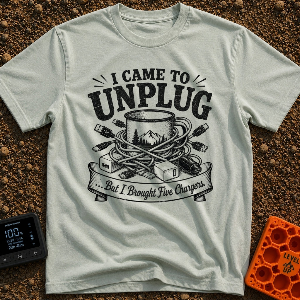 Unplugged But Wired - T-Shirt in Bay - A black-and-white illustration of a camp coffee mug decorated with mountains and...