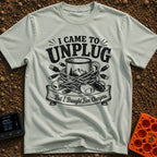 Unplugged But Wired - T-Shirt in Bay - A black-and-white illustration of a camp coffee mug decorated with mountains and...