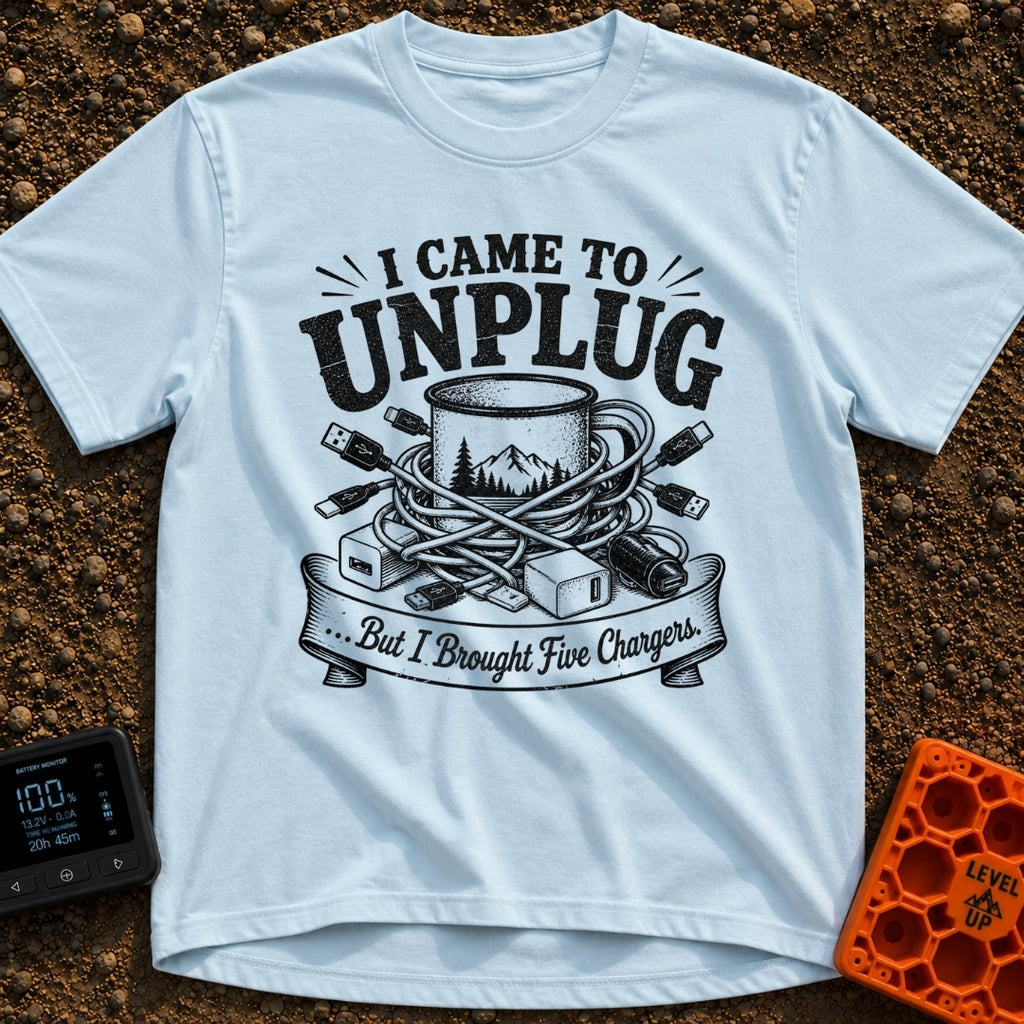 Unplugged But Wired - T-Shirt in Chambray - A black-and-white illustration of a camp coffee mug decorated with mountains...