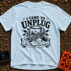 Unplugged But Wired - T-Shirt in Chambray - A black-and-white illustration of a camp coffee mug decorated with mountains...