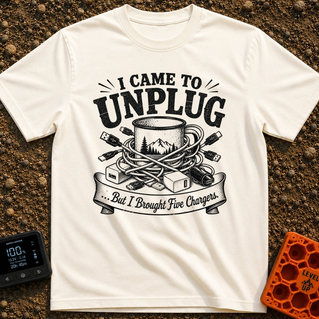 Unplugged But Wired - T-Shirt in Ivory - A black-and-white illustration of a camp coffee mug decorated with mountains and...