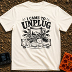 Unplugged But Wired - T-Shirt in Ivory - A black-and-white illustration of a camp coffee mug decorated with mountains and...