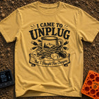 Unplugged But Wired - T-Shirt in Mustard - A black-and-white illustration of a camp coffee mug decorated with mountains...