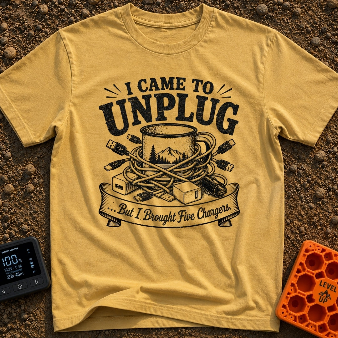 Unplugged But Wired - T-Shirt in Mustard - A black-and-white illustration of a camp coffee mug decorated with mountains...