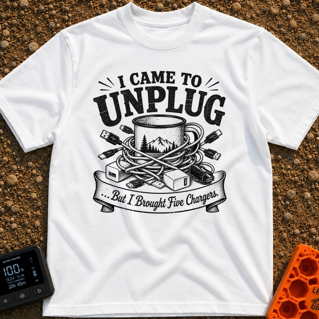 Unplugged But Wired - T-Shirt in White - A black-and-white illustration of a camp coffee mug decorated with mountains and...