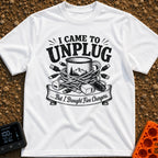 Unplugged But Wired - T-Shirt in White - A black-and-white illustration of a camp coffee mug decorated with mountains and...