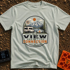 Views Have Better Connection - T-Shirt in Bay - An illustration of a white camper van parked by a mountain lake with a...