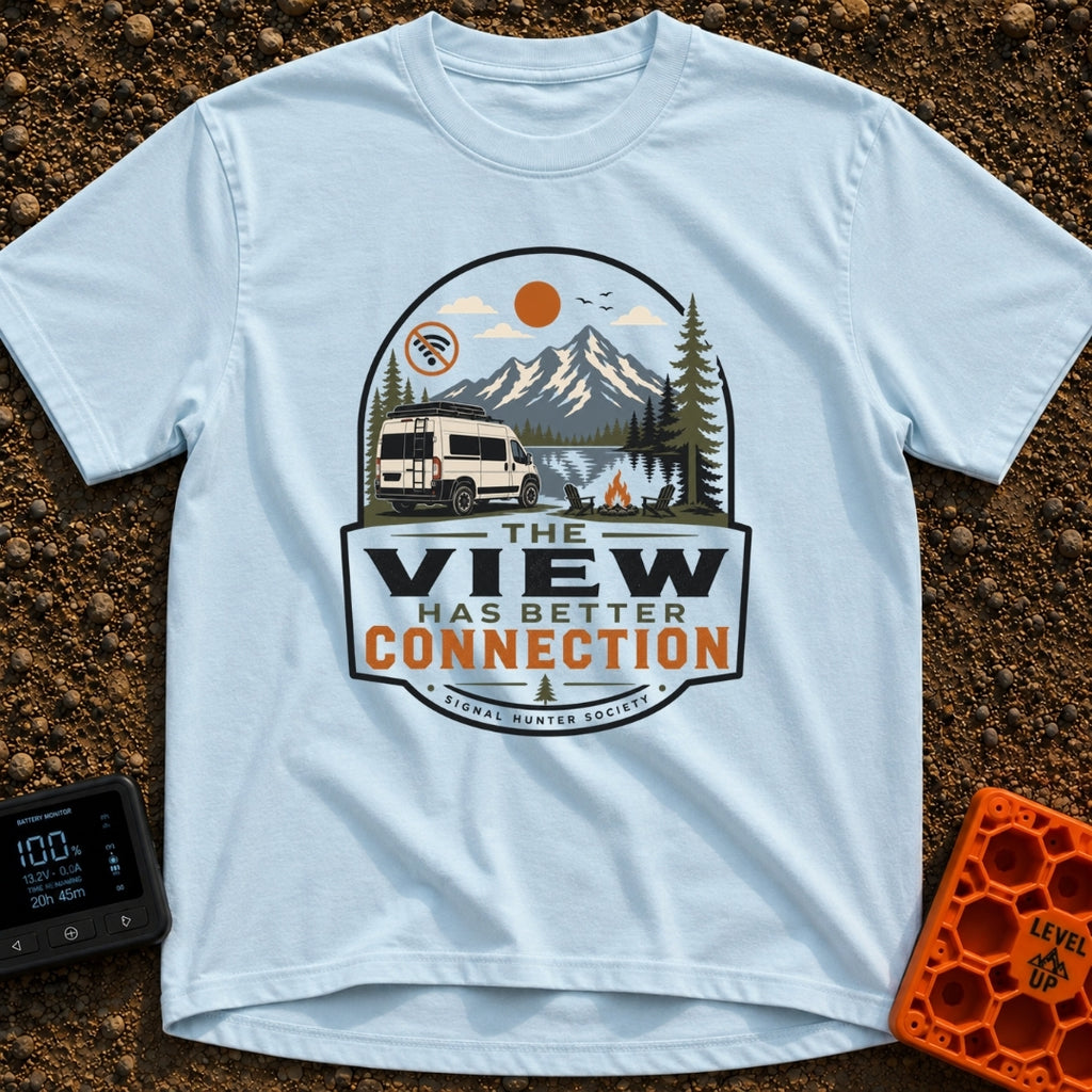 Views Have Better Connection - T-Shirt in Chambray - An illustration of a white camper van parked by a mountain lake with...
