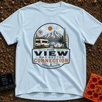 Views Have Better Connection - T-Shirt in Chambray - An illustration of a white camper van parked by a mountain lake with...