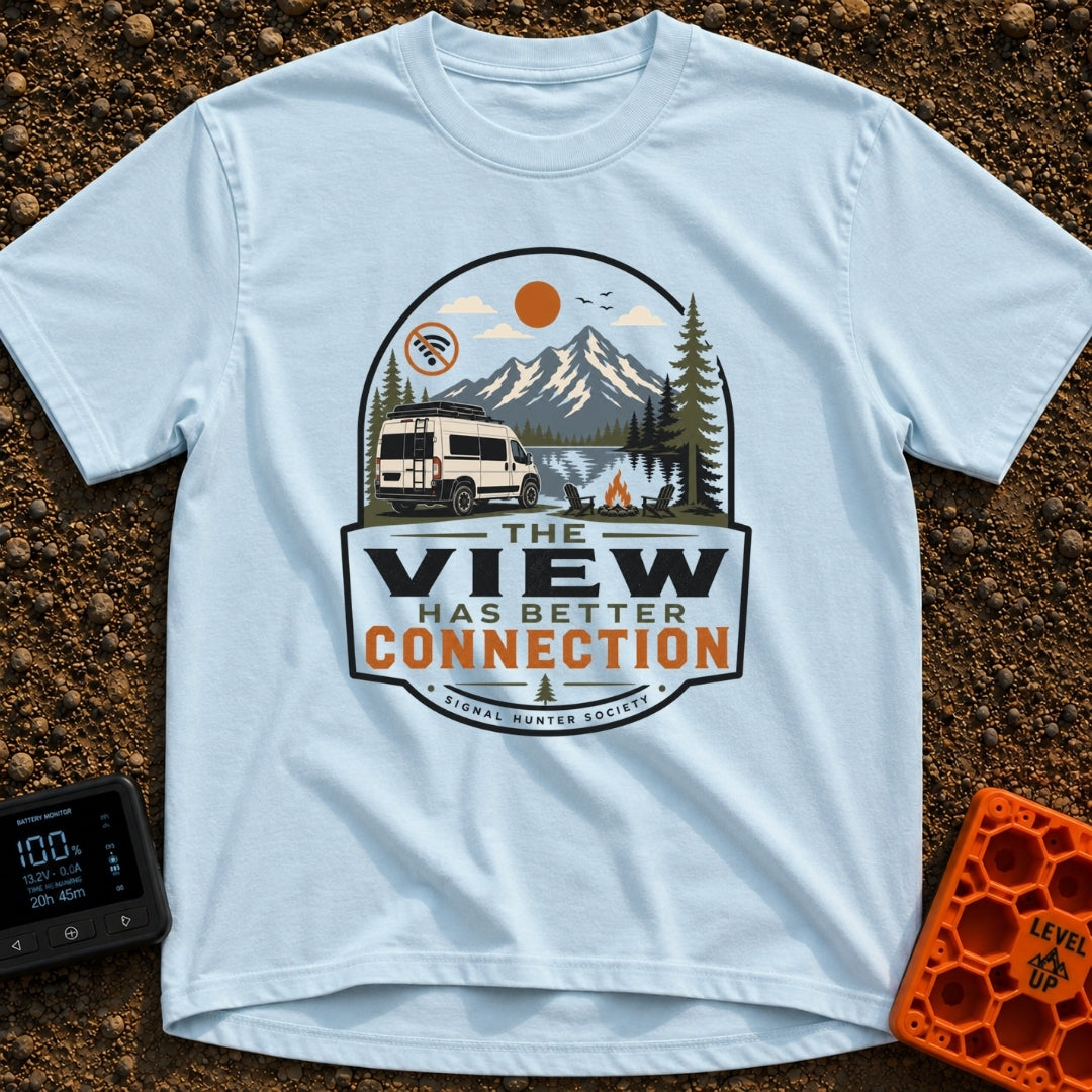Views Have Better Connection - T-Shirt in Chambray - An illustration of a white camper van parked by a mountain lake with...