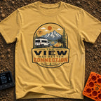 Views Have Better Connection - T-Shirt in Mustard - An illustration of a white camper van parked by a mountain lake with...
