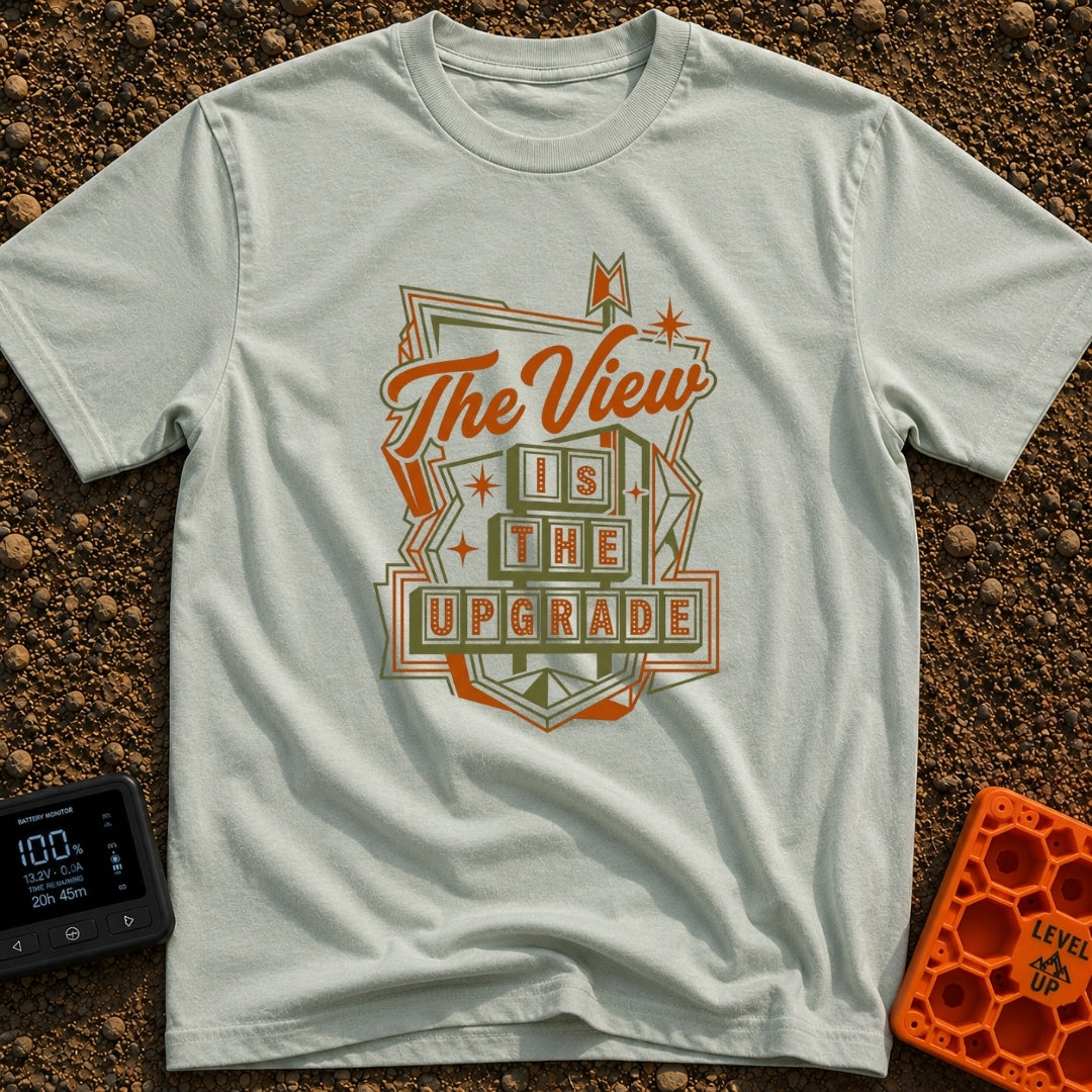Upgrade Your View - T-Shirt in Bay - A retro, mid-century modern style roadside marquee sign featuring the text "The...