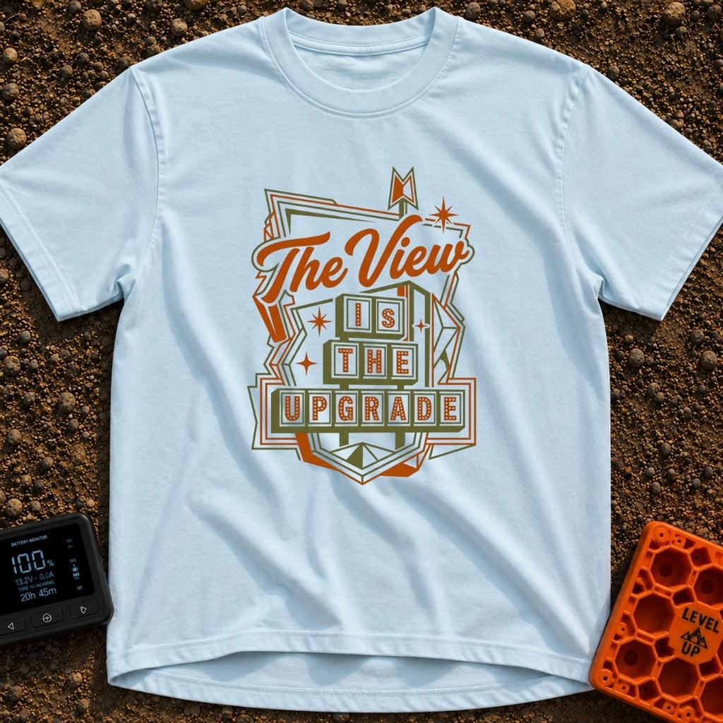 Upgrade Your View - T-Shirt in Chambray - A retro, mid-century modern style roadside marquee sign featuring the text "The...