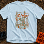 Upgrade Your View - T-Shirt in Chambray - A retro, mid-century modern style roadside marquee sign featuring the text "The...