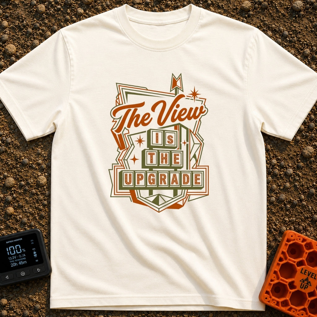 Upgrade Your View - T-Shirt in Ivory - A retro, mid-century modern style roadside marquee sign featuring the text "The...