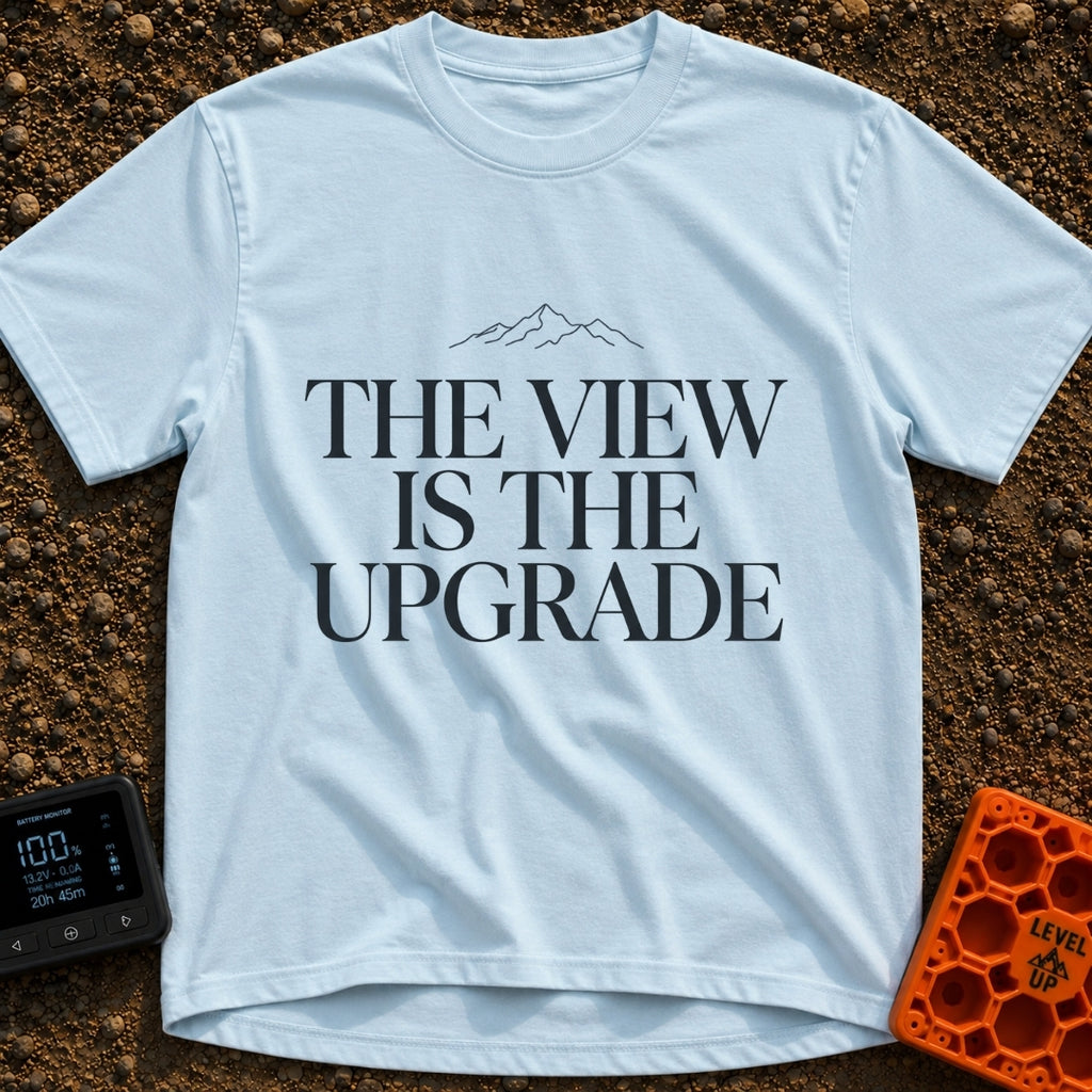 Upgrade To The View - T-Shirt in Chambray - A minimalist, text-focused design featuring the stacked phrase "THE VIEW IS...