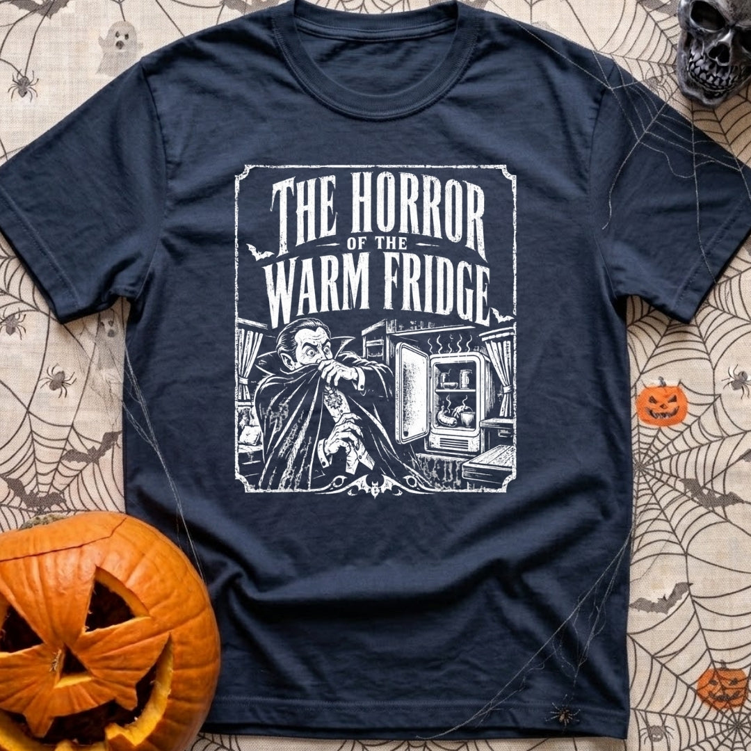 Not Cool Man - T-Shirt in Navy - A distressed, vintage horror movie poster style illustration showing a cowering vampire...