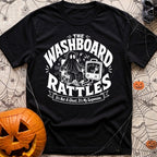 Shake Rattle And Roll - T-Shirt in Black - A black and white retro-style illustration of a ghost figure shaking in a...