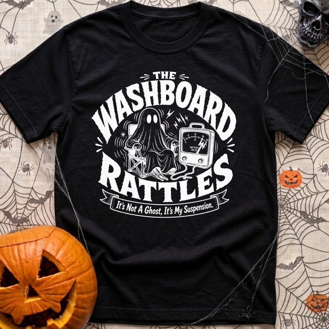 Shake Rattle And Roll - T-Shirt in Black - A black and white retro-style illustration of a ghost figure shaking in a...