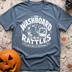 Shake Rattle And Roll - T-Shirt in Blue Jean - A black and white retro-style illustration of a ghost figure shaking in a...