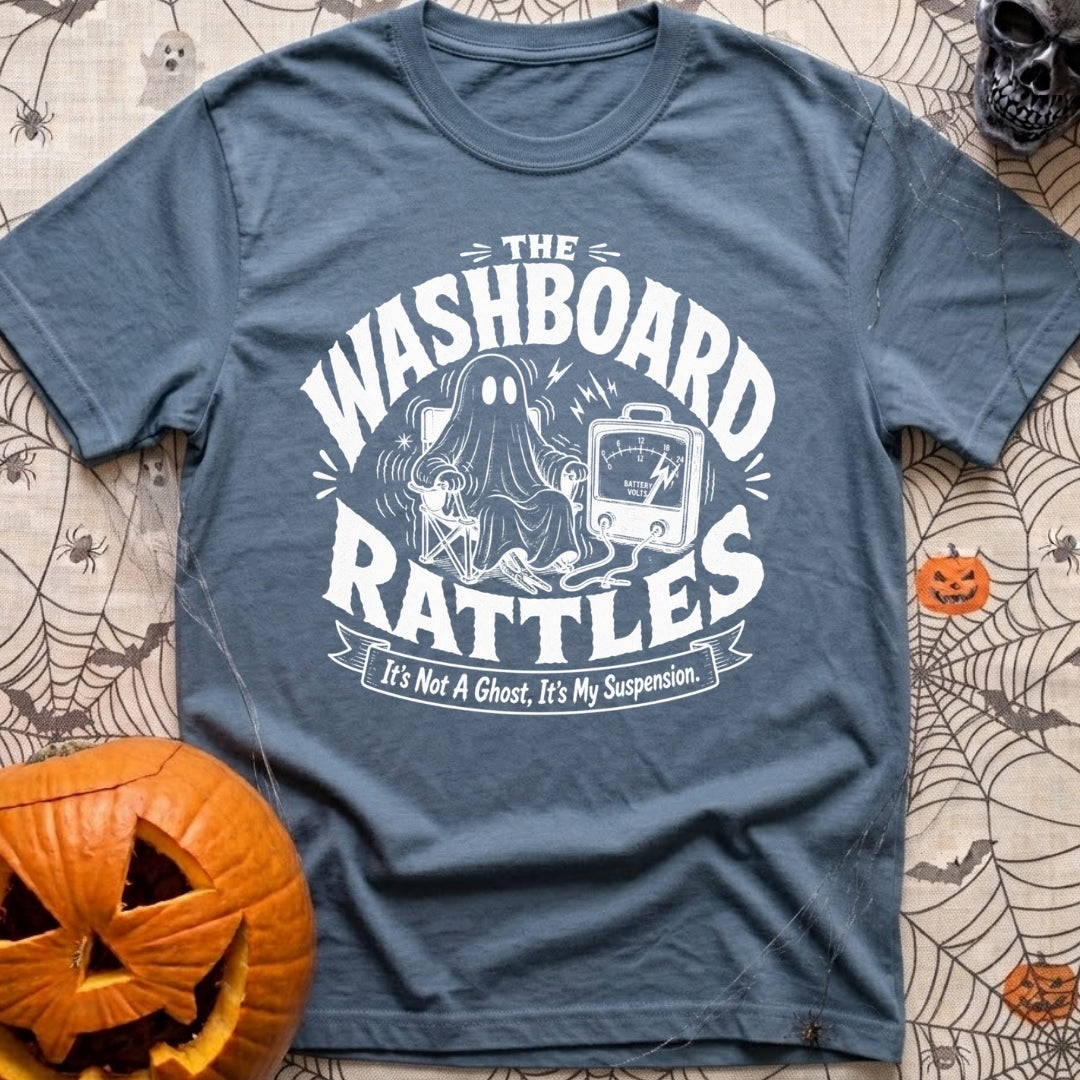 Shake Rattle And Roll - T-Shirt in Blue Jean - A black and white retro-style illustration of a ghost figure shaking in a...