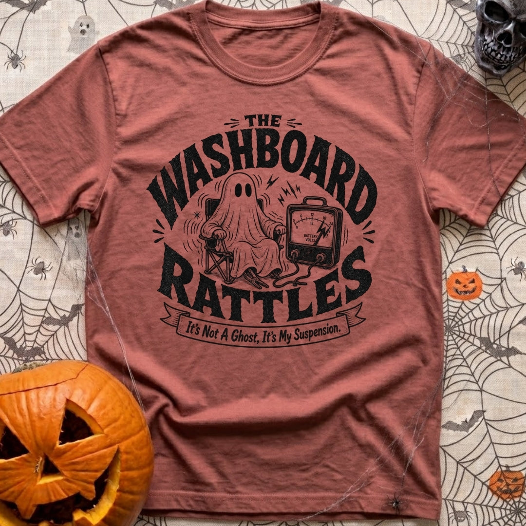 Shake Rattle And Roll - T-Shirt in Brick - A black and white retro-style illustration of a ghost figure shaking in a...