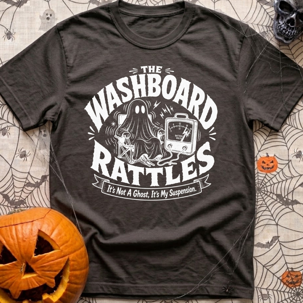 Shake Rattle And Roll - T-Shirt in Graphite - A black and white retro-style illustration of a ghost figure shaking in a...