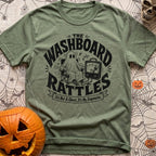 Shake Rattle And Roll - T-Shirt in Moss - A black and white retro-style illustration of a ghost figure shaking in a...