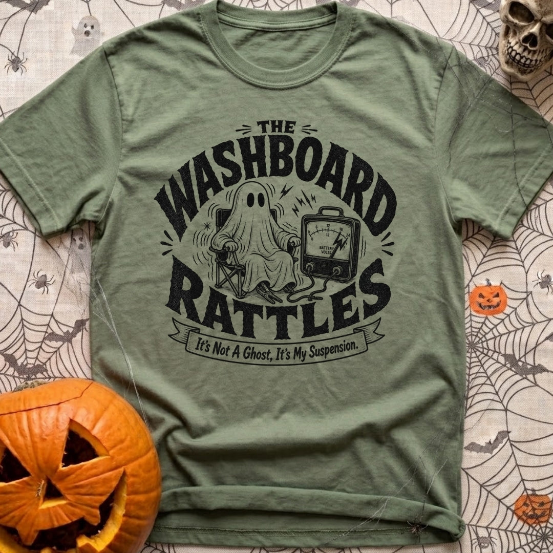 Shake Rattle And Roll - T-Shirt in Moss - A black and white retro-style illustration of a ghost figure shaking in a...