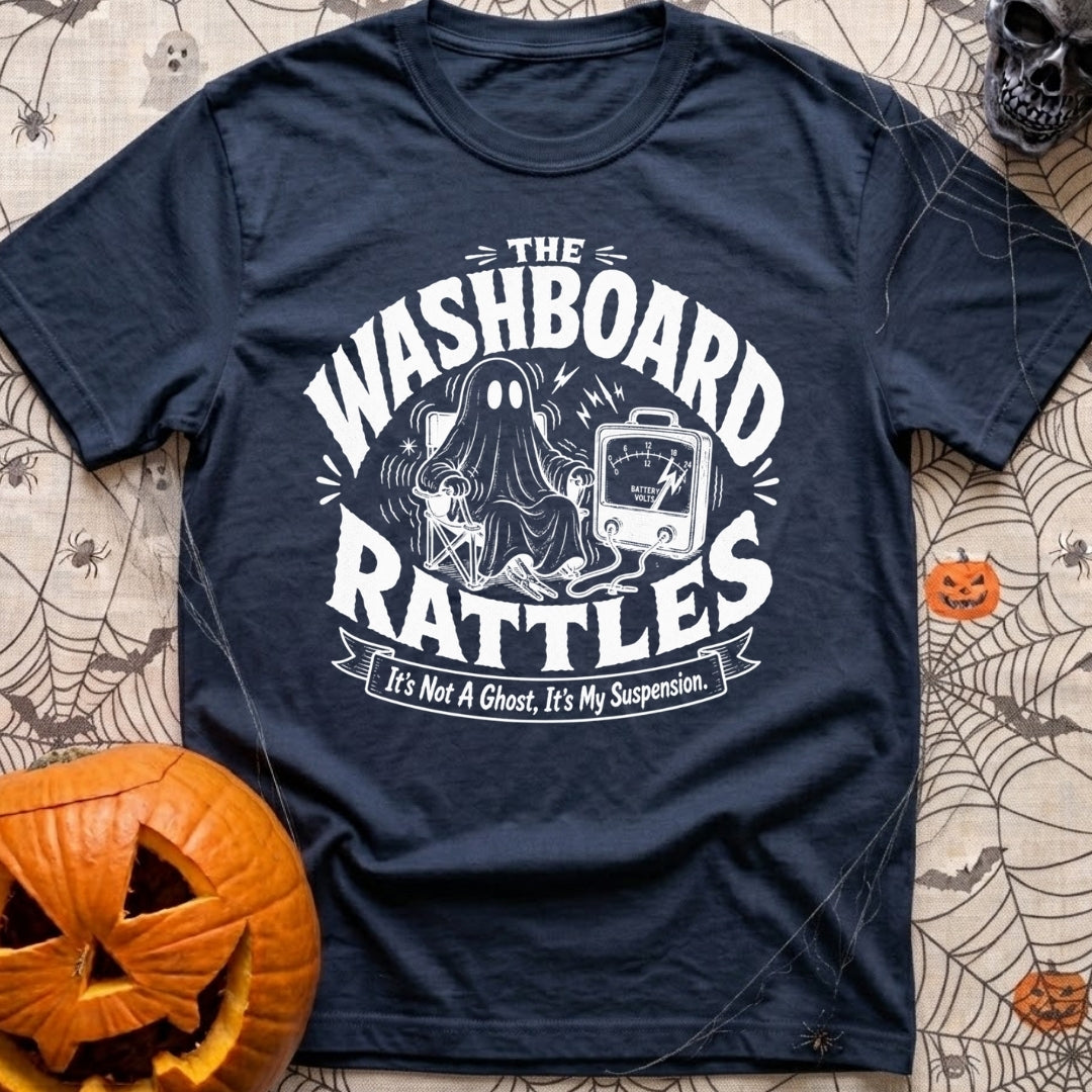 Shake Rattle And Roll - T-Shirt in Navy - A black and white retro-style illustration of a ghost figure shaking in a...