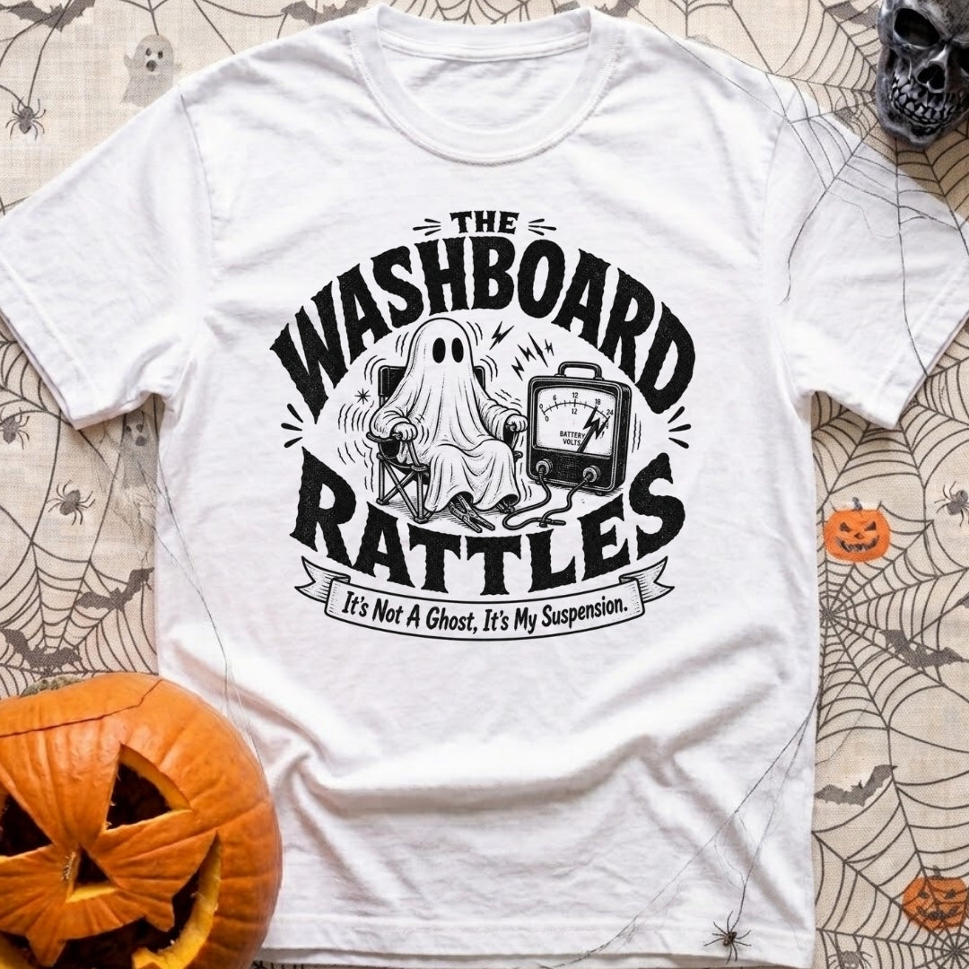 Shake Rattle And Roll - T-Shirt in White - A black and white retro-style illustration of a ghost figure shaking in a...
