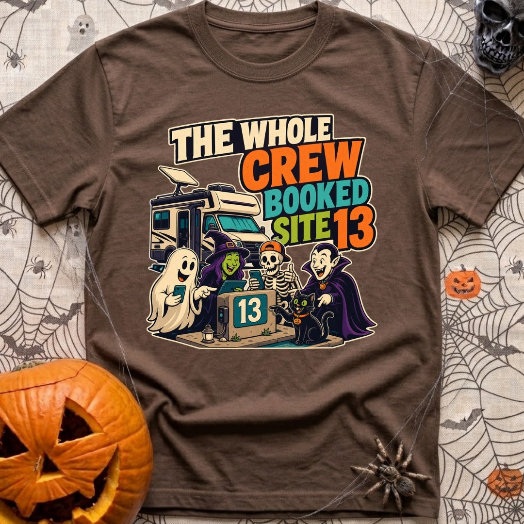 The Whole Crew Booked - T-Shirt in Espresso - A cartoon illustration featuring the text 'THE WHOLE CREW BOOKED SITE 13'...